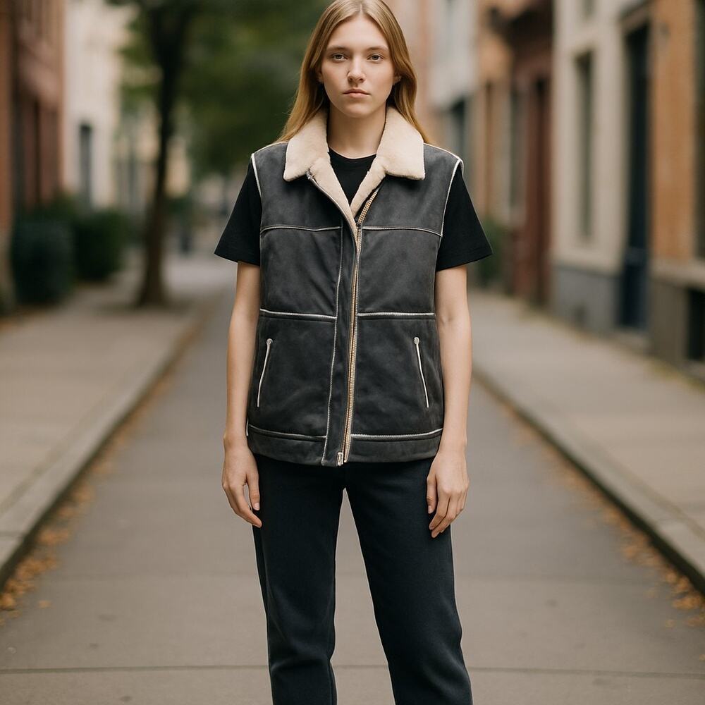 New POL Faux Shearling Lined Moto Vest Gray White Size Small